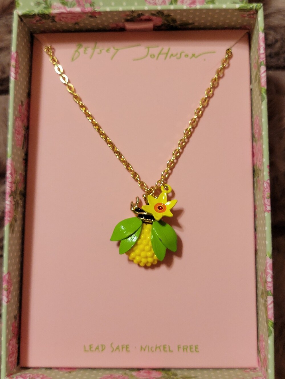 Betsey Johnson Bright Yellow & Green Pineapple Charm Necklace
